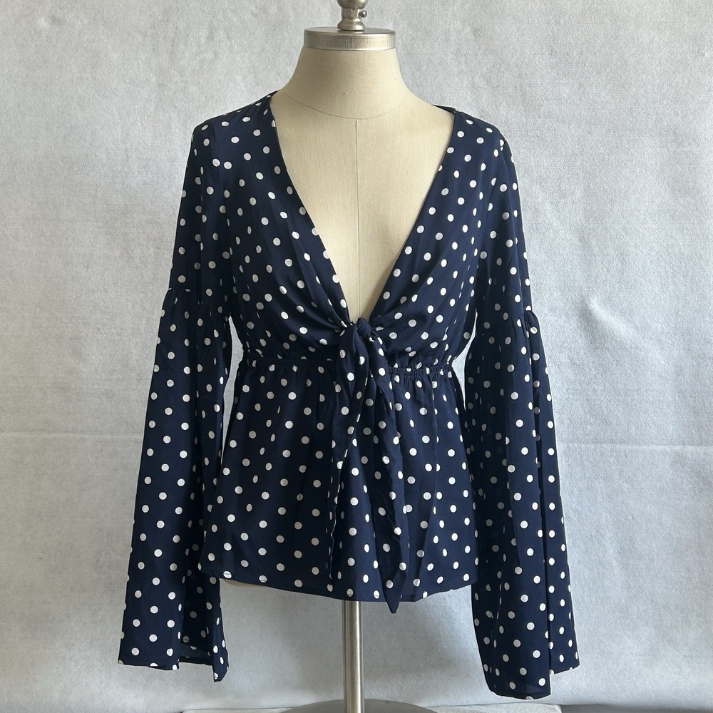 Listicle Navy‎ Blue Polka Dot Tie-Front Blouse  Flared Sleeves - Women's Small